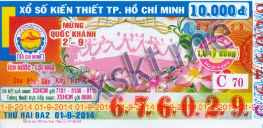 Mẫu vé sô xổ số Hồ Chí Minh ngày 1/9/2014