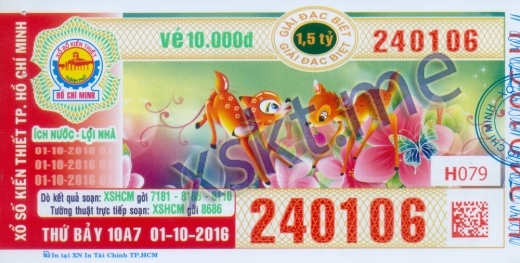 Mẫu vé sô xổ số Hồ Chí Minh ngày 1/10/2016