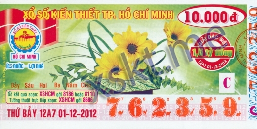 Mẫu vé sô xổ số Hồ Chí Minh ngày 1/12/2012