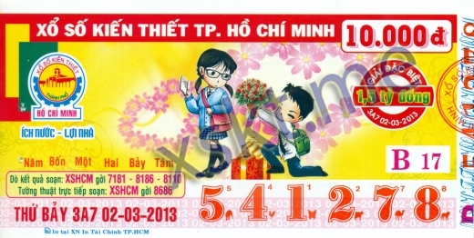 Mẫu vé sô xổ số Hồ Chí Minh ngày 2/3/2013