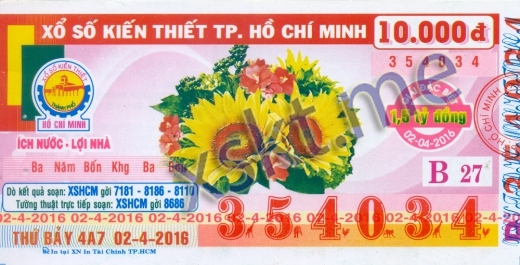 Mẫu vé sô xổ số Hồ Chí Minh ngày 2/4/2016