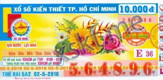 Mẫu vé sô xổ số Hồ Chí Minh ngày 2/5/2016