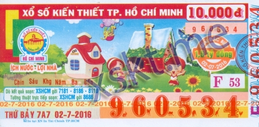 Mẫu vé sô xổ số Hồ Chí Minh ngày 2/7/2016