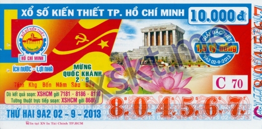 Mẫu vé sô xổ số Hồ Chí Minh ngày 2/9/2013