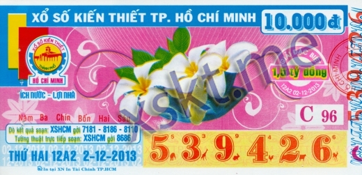 Mẫu vé sô xổ số Hồ Chí Minh ngày 2/12/2013