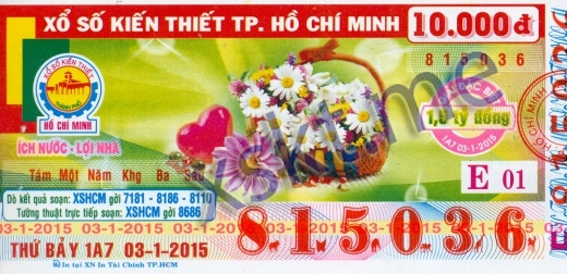 Mẫu vé sô xổ số Hồ Chí Minh ngày 3/1/2015