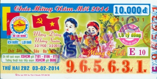 Mẫu vé sô xổ số Hồ Chí Minh ngày 3/2/2014