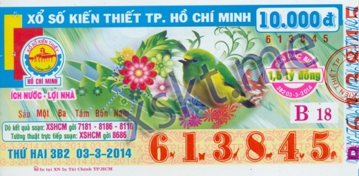 Mẫu vé sô xổ số Hồ Chí Minh ngày 3/3/2014