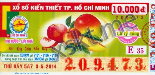 Mẫu vé sô xổ số Hồ Chí Minh ngày 3/5/2014