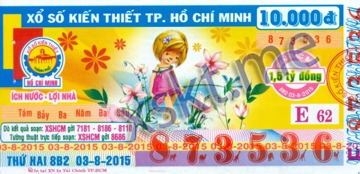 Mẫu vé sô xổ số Hồ Chí Minh ngày 3/8/2015