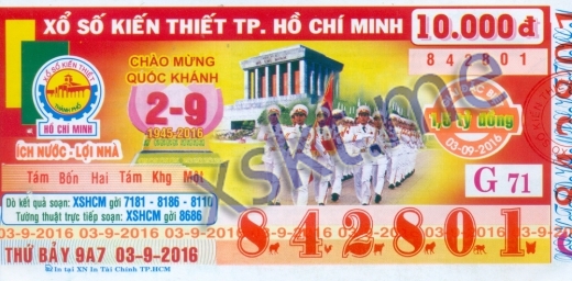 Mẫu vé sô xổ số Hồ Chí Minh ngày 3/9/2016