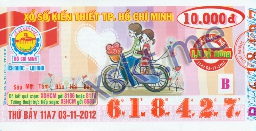 Mẫu vé sô xổ số Hồ Chí Minh ngày 3/11/2012