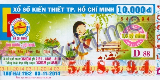 Mẫu vé sô xổ số Hồ Chí Minh ngày 3/11/2014