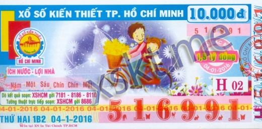 Mẫu vé sô xổ số Hồ Chí Minh ngày 4/1/2016