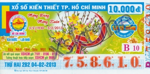 Mẫu vé sô xổ số Hồ Chí Minh ngày 4/2/2013
