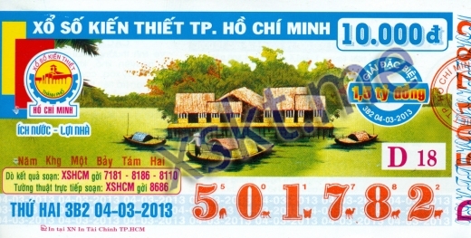 Mẫu vé sô xổ số Hồ Chí Minh ngày 4/3/2013
