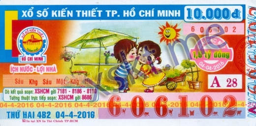 Mẫu vé sô xổ số Hồ Chí Minh ngày 4/4/2016