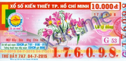 Mẫu vé sô xổ số Hồ Chí Minh ngày 4/7/2015