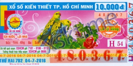 Mẫu vé sô xổ số Hồ Chí Minh ngày 4/7/2016