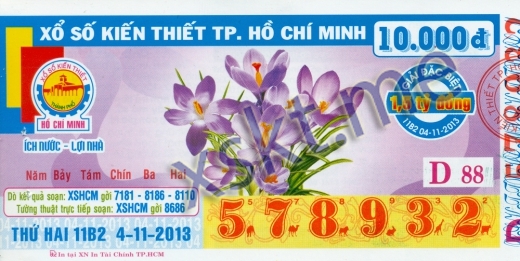 Mẫu vé sô xổ số Hồ Chí Minh ngày 4/11/2013