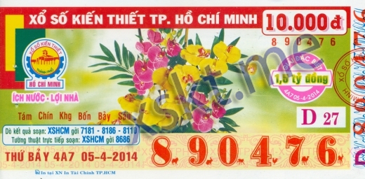 Mẫu vé sô xổ số Hồ Chí Minh ngày 5/4/2014