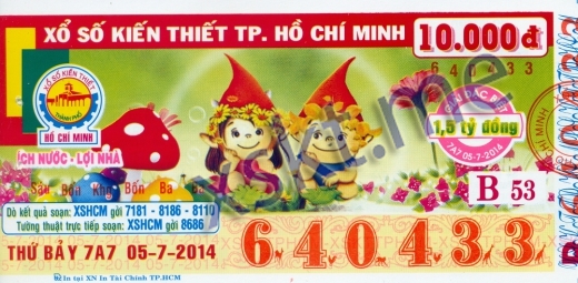 Mẫu vé sô xổ số Hồ Chí Minh ngày 5/7/2014