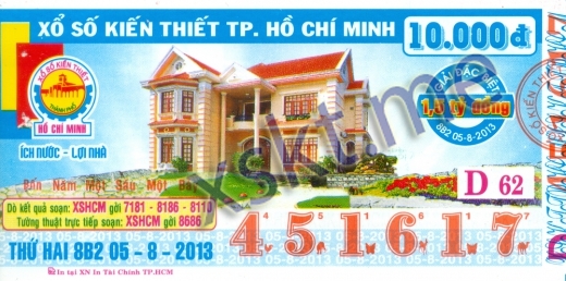 Mẫu vé sô xổ số Hồ Chí Minh ngày 5/8/2013