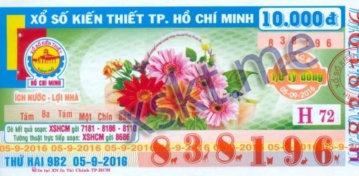 Mẫu vé sô xổ số Hồ Chí Minh ngày 5/9/2016