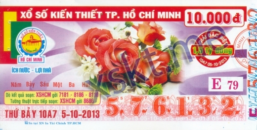 Mẫu vé sô xổ số Hồ Chí Minh ngày 5/10/2013