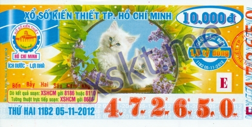 Mẫu vé sô xổ số Hồ Chí Minh ngày 5/11/2012