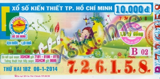 Mẫu vé sô xổ số Hồ Chí Minh ngày 6/1/2014