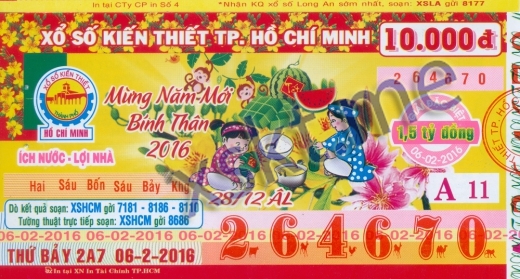 Mẫu vé sô xổ số Hồ Chí Minh ngày 6/2/2016