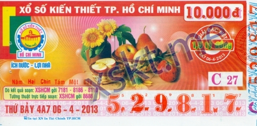 Mẫu vé sô xổ số Hồ Chí Minh ngày 6/4/2013