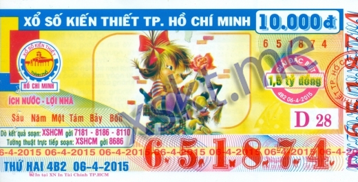 Mẫu vé sô xổ số Hồ Chí Minh ngày 6/4/2015