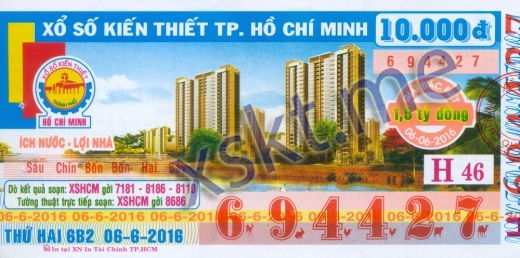 Mẫu vé sô xổ số Hồ Chí Minh ngày 6/6/2016