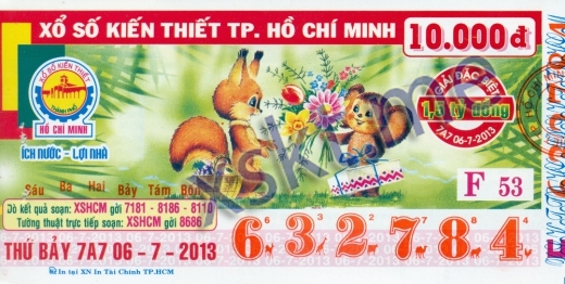Mẫu vé sô xổ số Hồ Chí Minh ngày 6/7/2013
