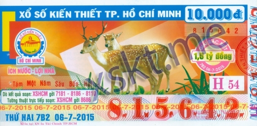 Mẫu vé sô xổ số Hồ Chí Minh ngày 6/7/2015