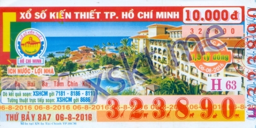 Mẫu vé sô xổ số Hồ Chí Minh ngày 6/8/2016