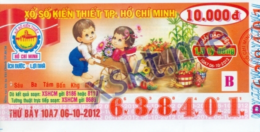 Mẫu vé sô xổ số Hồ Chí Minh ngày 6/10/2012