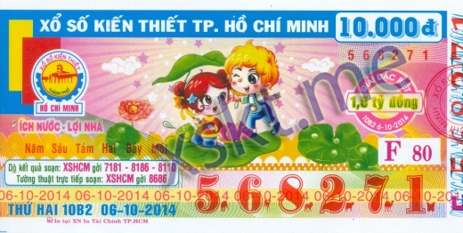 Mẫu vé sô xổ số Hồ Chí Minh ngày 6/10/2014