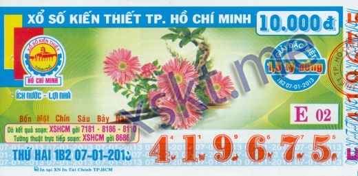 Mẫu vé sô xổ số Hồ Chí Minh ngày 7/1/2013