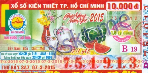 Mẫu vé sô xổ số Hồ Chí Minh ngày 7/3/2015