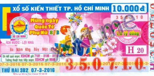 Mẫu vé sô xổ số Hồ Chí Minh ngày 7/3/2016