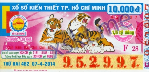 Mẫu vé sô xổ số Hồ Chí Minh ngày 7/4/2014