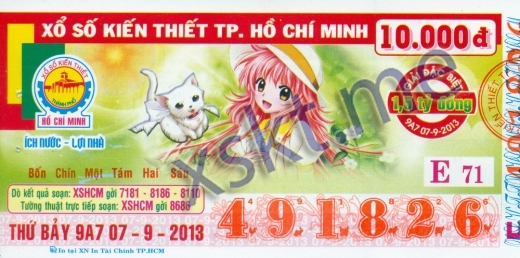 Mẫu vé sô xổ số Hồ Chí Minh ngày 7/9/2013