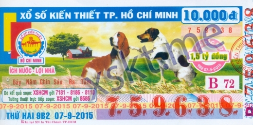Mẫu vé sô xổ số Hồ Chí Minh ngày 7/9/2015