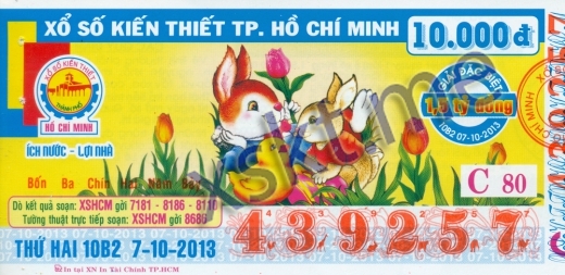 Mẫu vé sô xổ số Hồ Chí Minh ngày 7/10/2013
