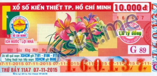 Mẫu vé sô xổ số Hồ Chí Minh ngày 7/11/2015