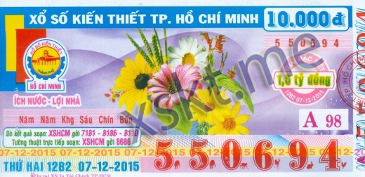 Mẫu vé sô xổ số Hồ Chí Minh ngày 7/12/2015