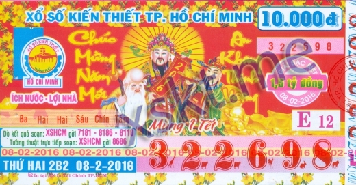 Mẫu vé sô xổ số Hồ Chí Minh ngày 8/2/2016